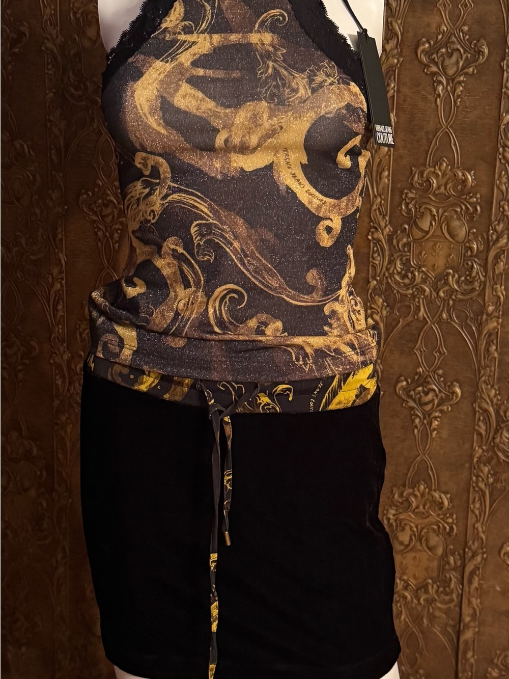 Versace Jeans Couture Black Velvet Top with Gold Pattern Trim